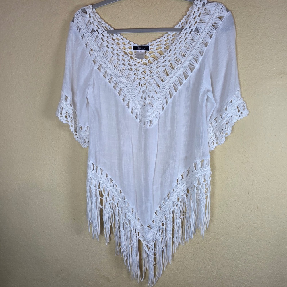 Vivid White Crochet Fringe layering Top sheer Large Boho Festival‎ Sharkbite